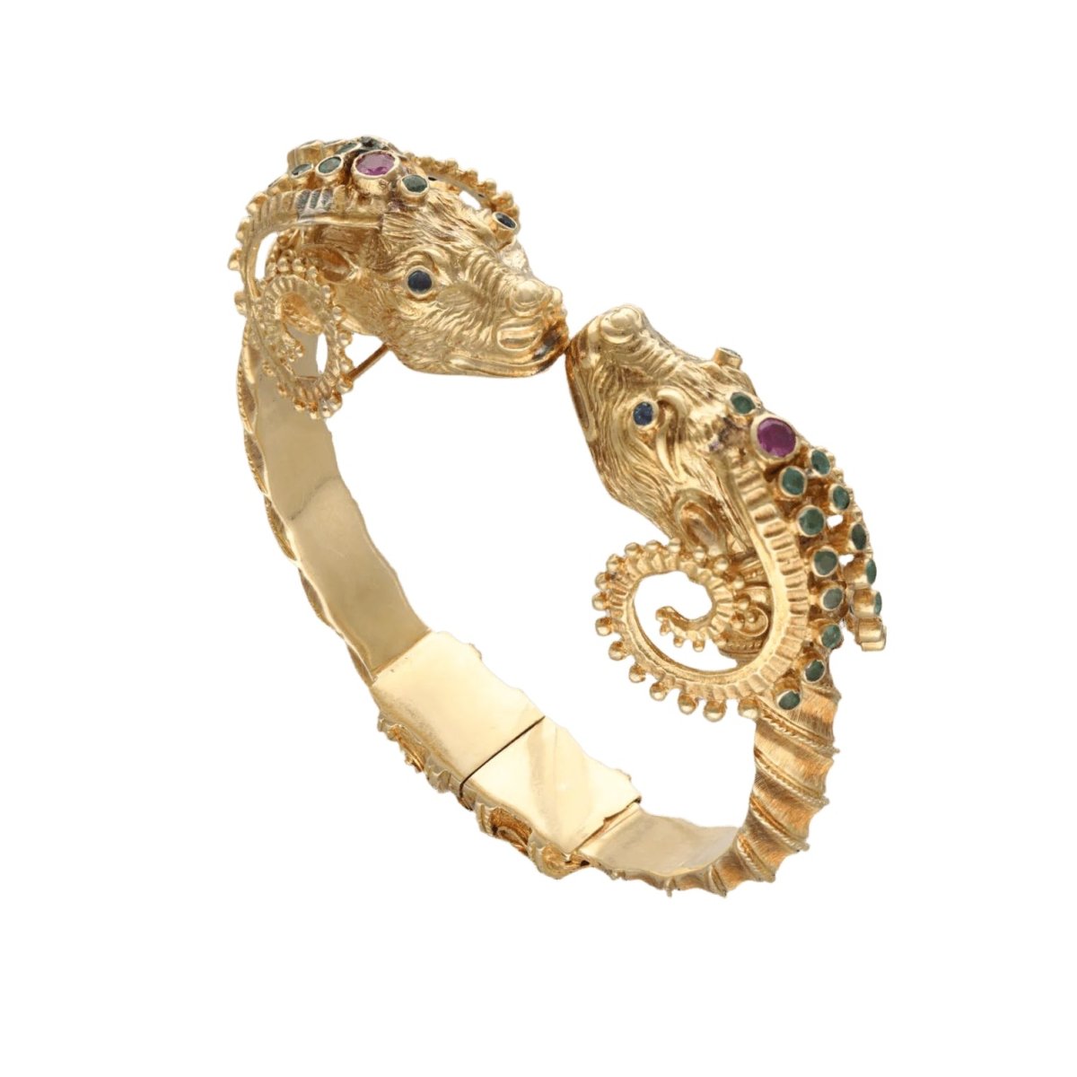 Bracelet Jonc ZOLOTAS "Têtes de béliers" en or jaune, émeraudes, rubis et saphirs - Castafiore