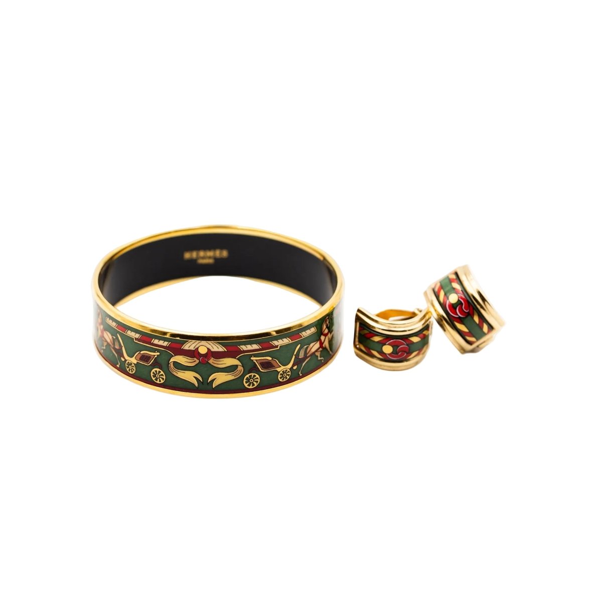 Bracelet Manchette et Boucles d'oreilles Clips HERMÈS en métal doré et émail - Castafiore