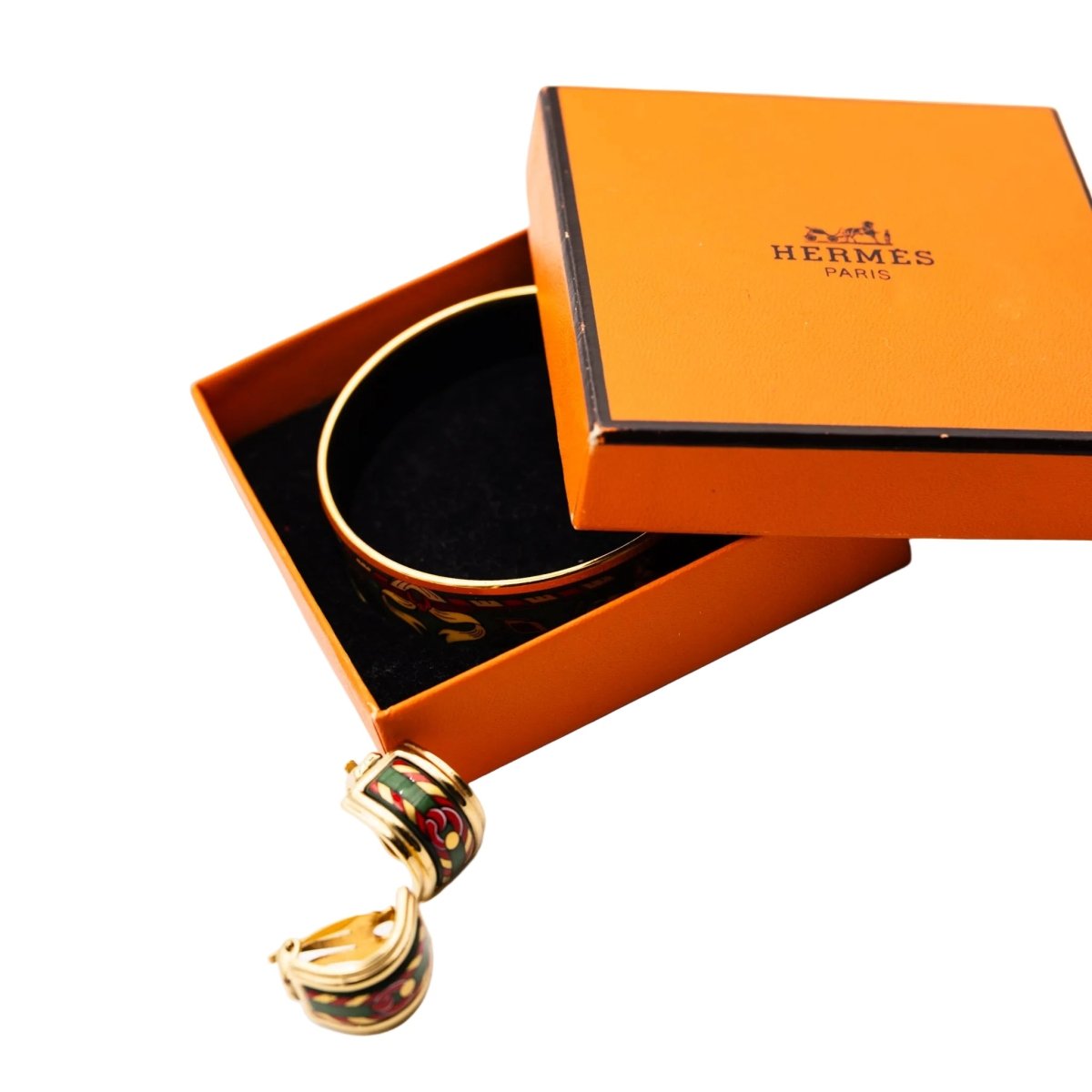 Bracelet Manchette et Boucles d'oreilles Clips HERMÈS en métal doré et émail - Castafiore