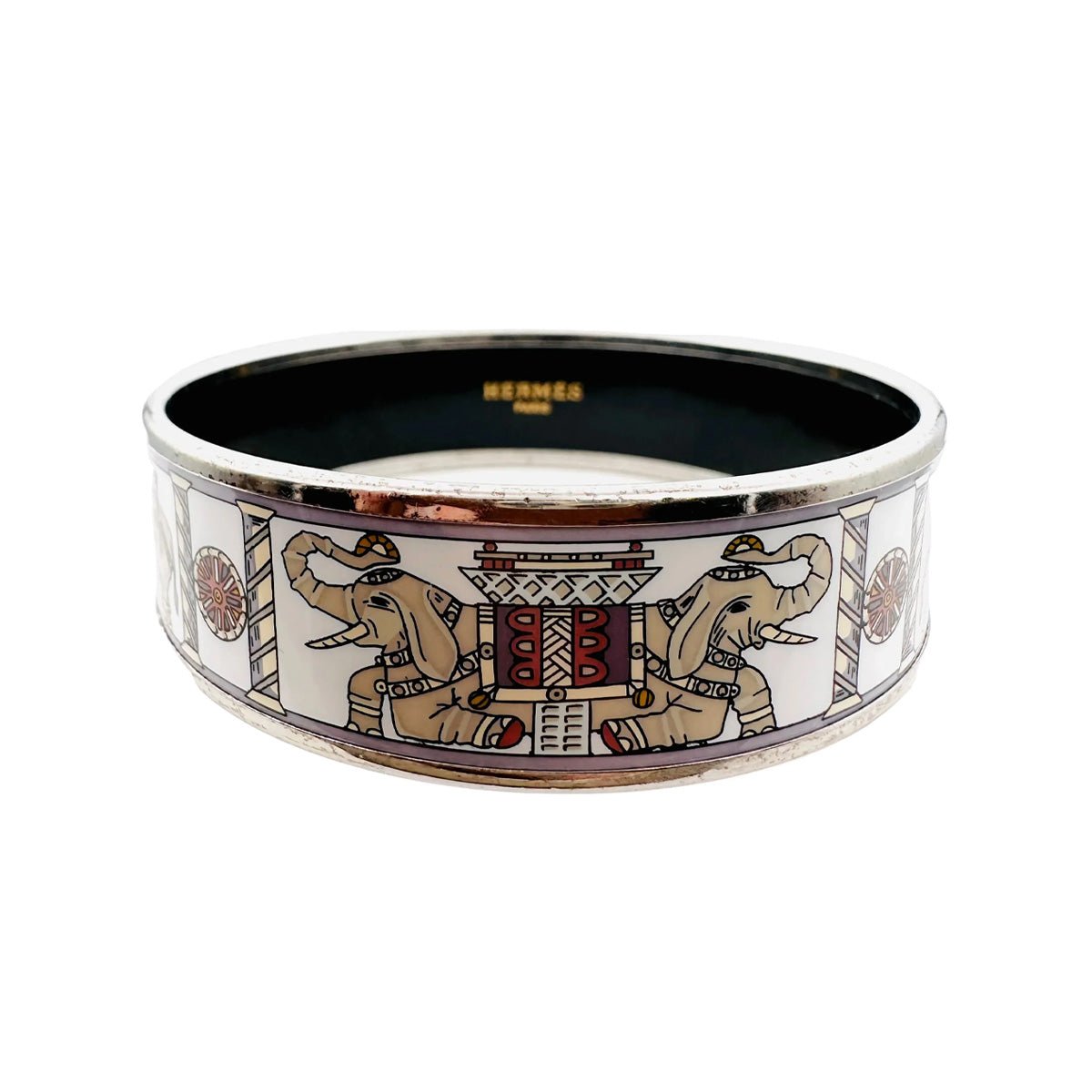 Bracelet Manchette HERMÈS "Éléphants Torana" en métal argenté et émail - Castafiore