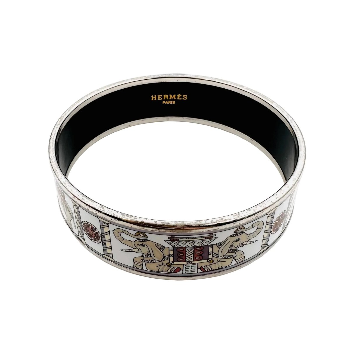 Bracelet Manchette HERMÈS "Éléphants Torana" en métal argenté et émail - Castafiore