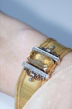 Bracelet manchette maille milanaise, diamants et citrine - Castafiore