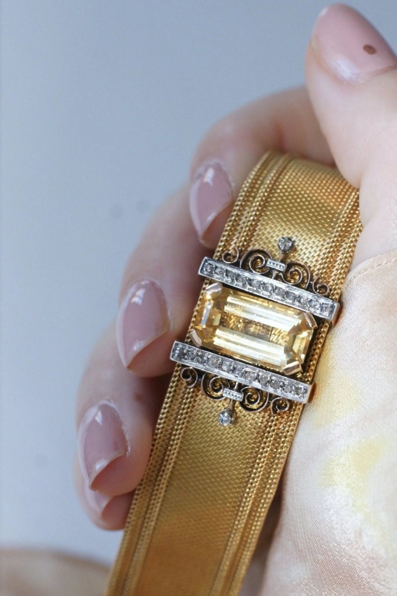 Bracelet manchette maille milanaise, diamants et citrine - Castafiore