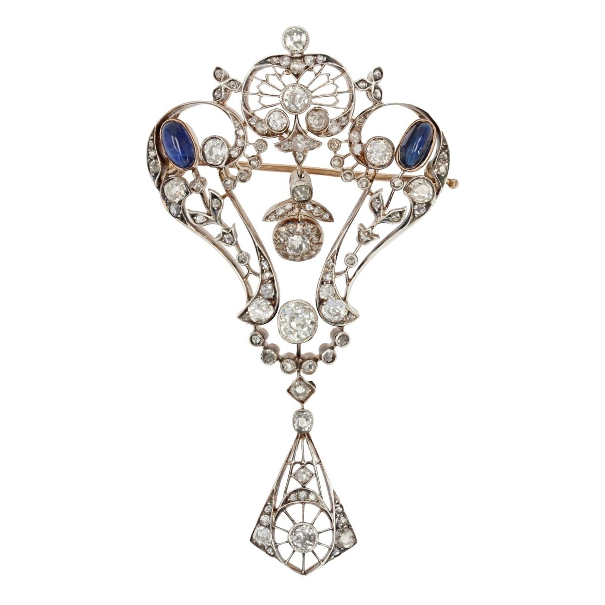 Broche ANCIENNE Dentelle en or rose et argent avec diamants et saphirs - Castafiore