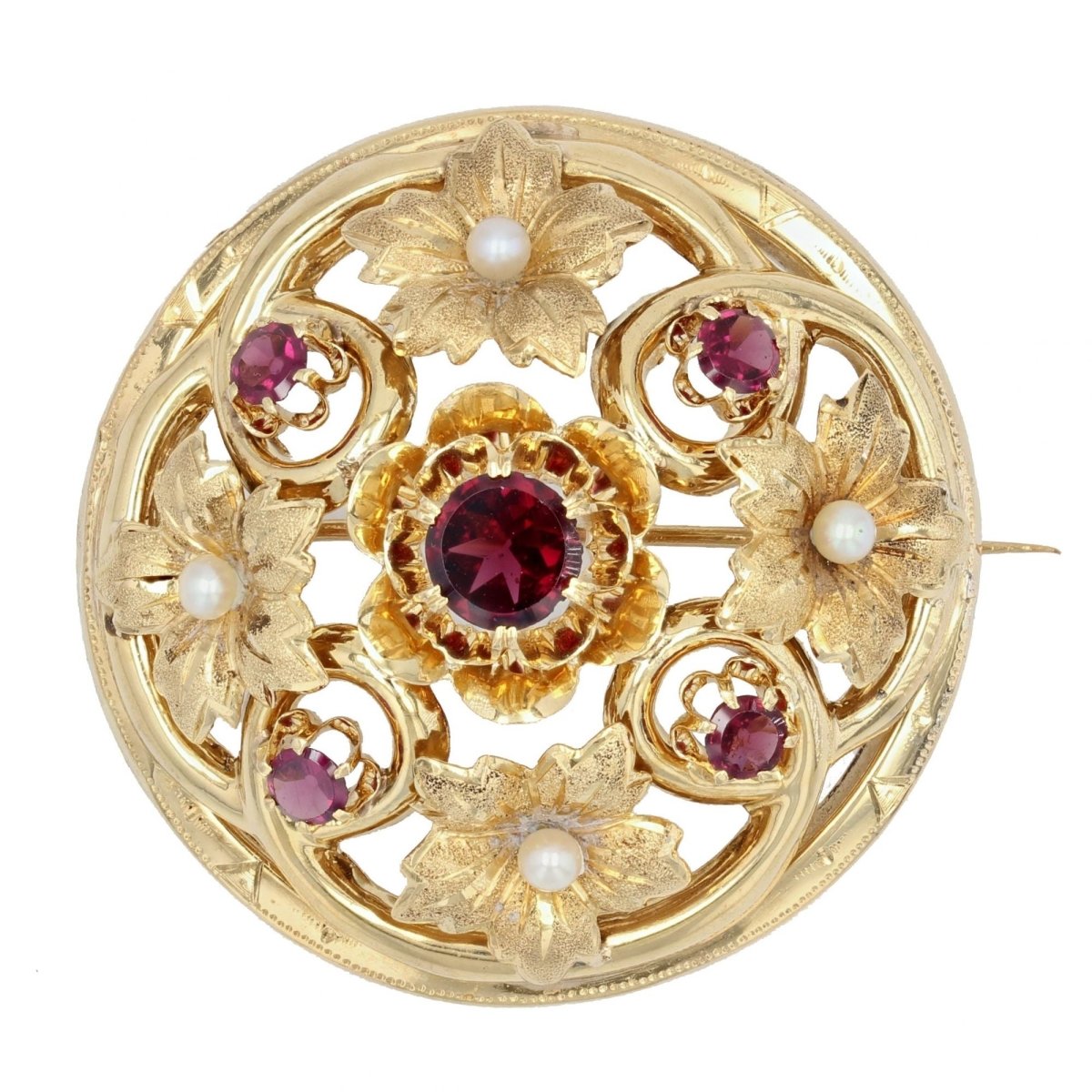 Broche ANCIENNE Forme ronde en or jaune perles fines et grenats - Castafiore