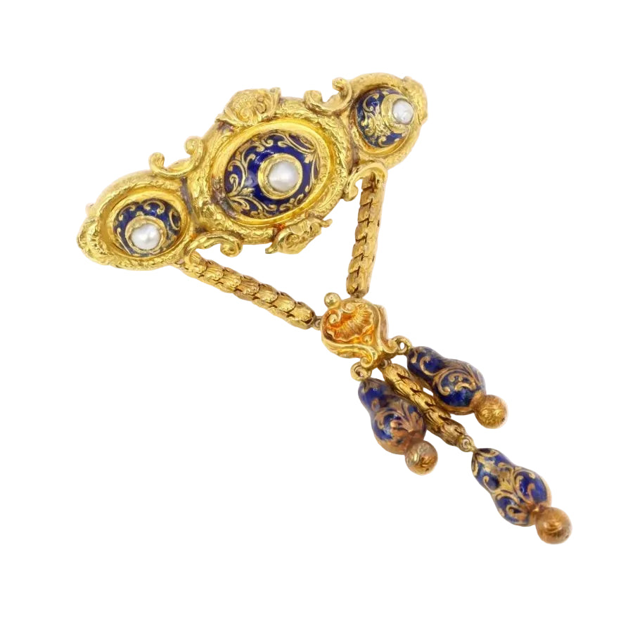 Broche ancienne Napoléon III or perles émail bleu - Castafiore