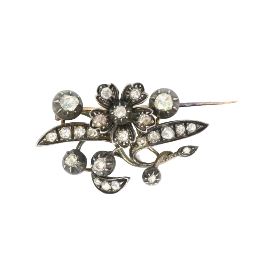 Broche Ancienne Or Argent Diamants Taillés en Rose - Castafiore