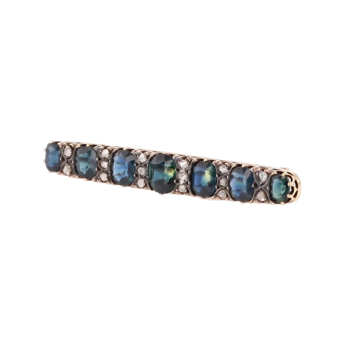 Broche Barrette en or jaune, argent, saphirs et diamants - Castafiore