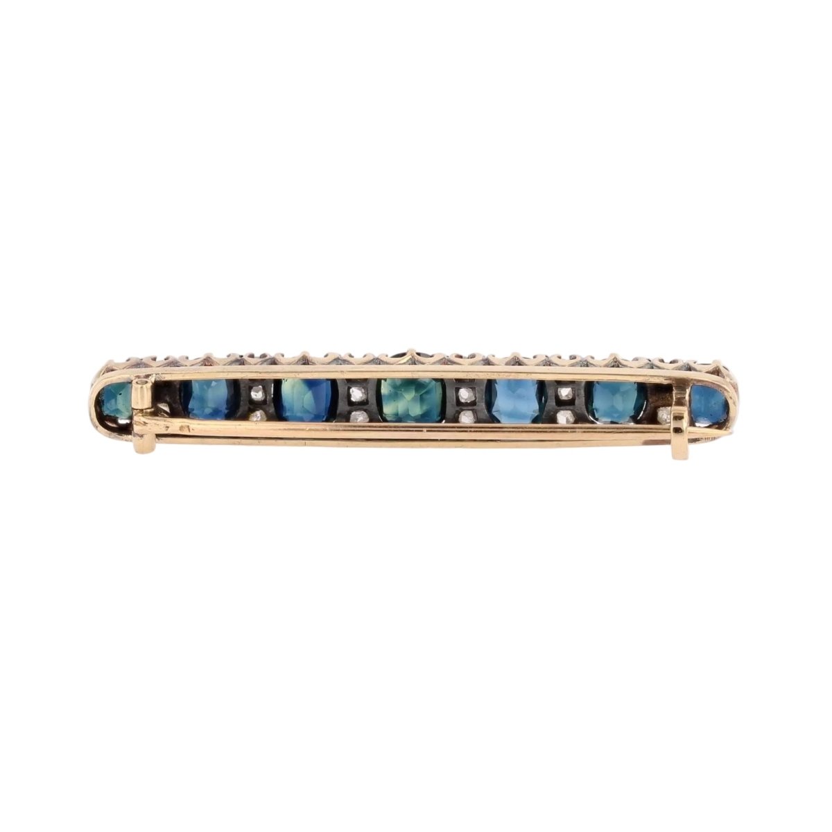 Broche Barrette en or jaune, argent, saphirs et diamants - Castafiore