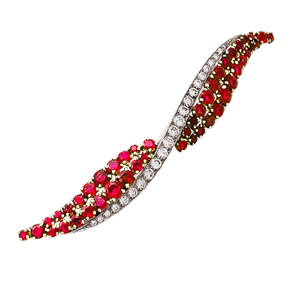 Broche Barrette en or jaune, platine, rubis et diamants - Castafiore