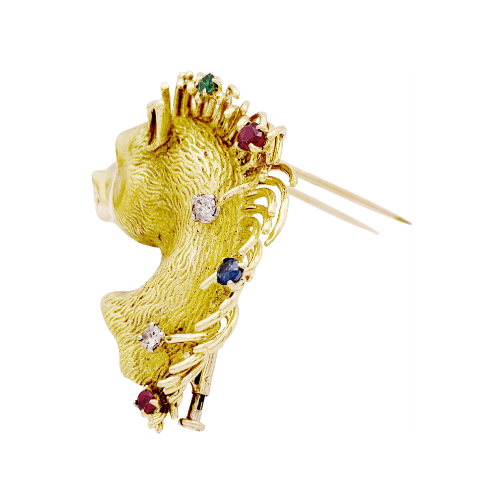 Broche Barrette en or jaune, rubis, saphir, émeraude et diamants - Castafiore