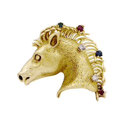 Broche Barrette en or jaune, rubis, saphir, émeraude et diamants - Castafiore