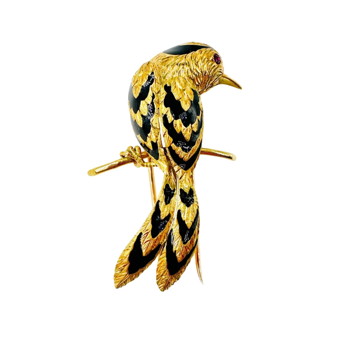 Broche CARTIER "Oiseau sur une branche" en or jaune, émail et rubis - Castafiore