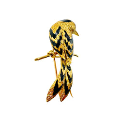 Broche CARTIER "Oiseau sur une branche" en or jaune, émail et rubis - Castafiore