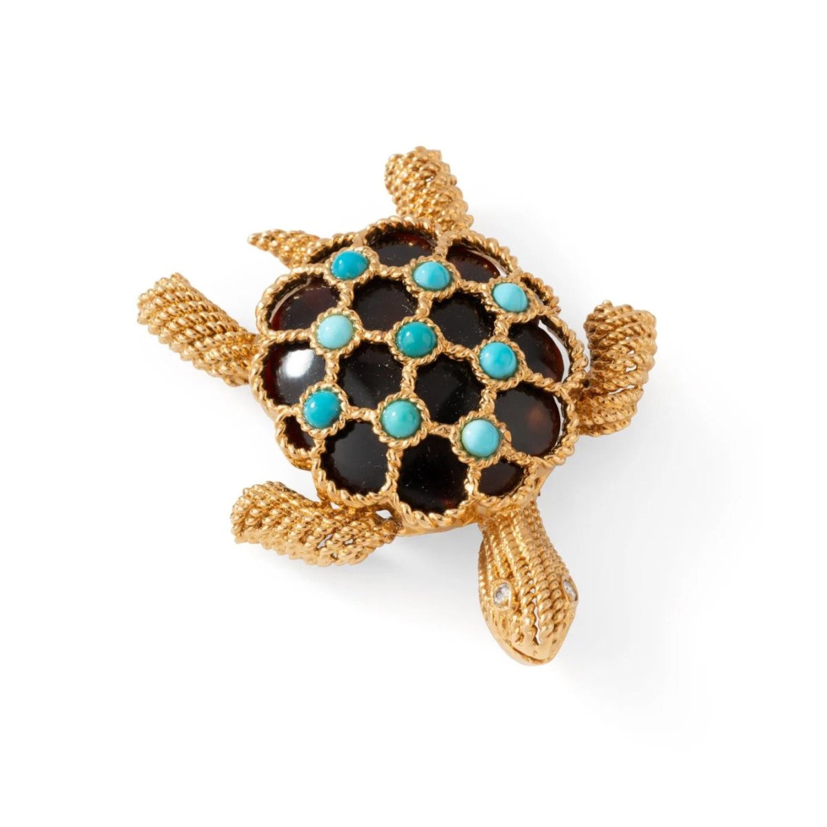Broche Clip BOUCHERON Tortue en or jaune, turquoises et diamants - Castafiore