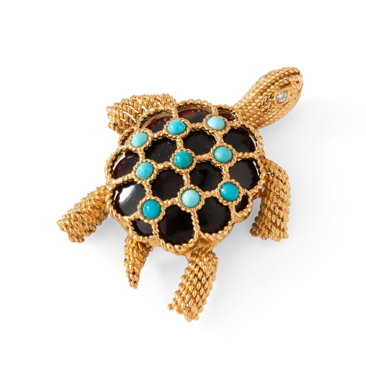 Broche Clip BOUCHERON Tortue en or jaune, turquoises et diamants