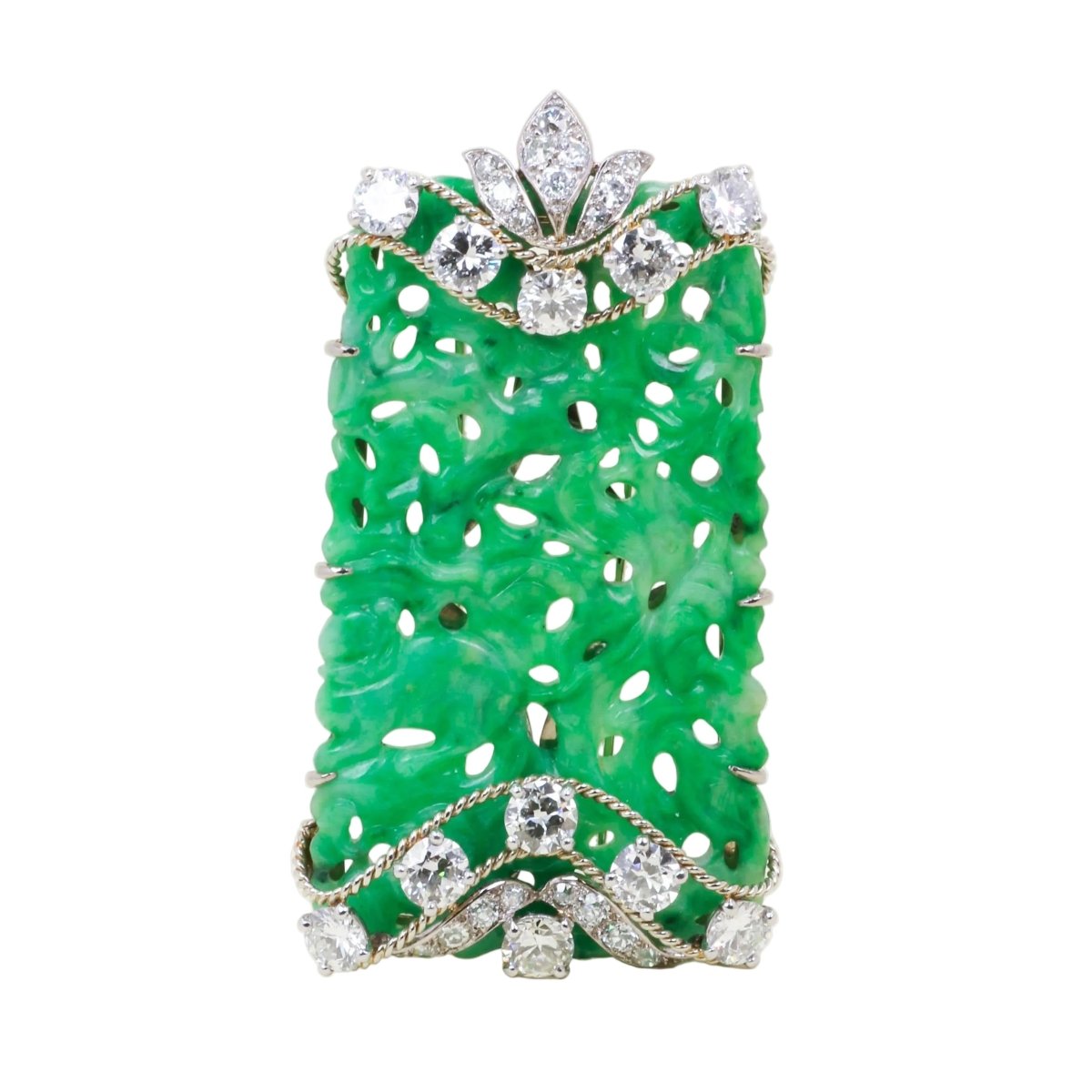 Broche Clip CARTIER en or blanc, platine, jade et diamants - Castafiore