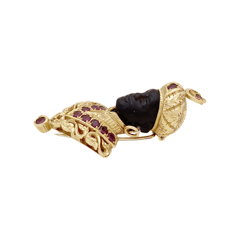 Broche Clip G.NARDI "Moretto" en or jaune, rubis et ébène - Castafiore