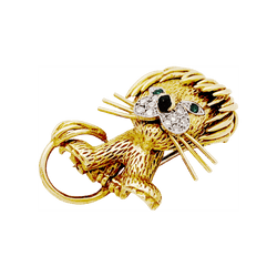 Broche Clip VAN CLEEF & ARPELS "Lion Ébouriffé" en or jaune, or blanc, émail, émeraudes et diamants - Castafiore