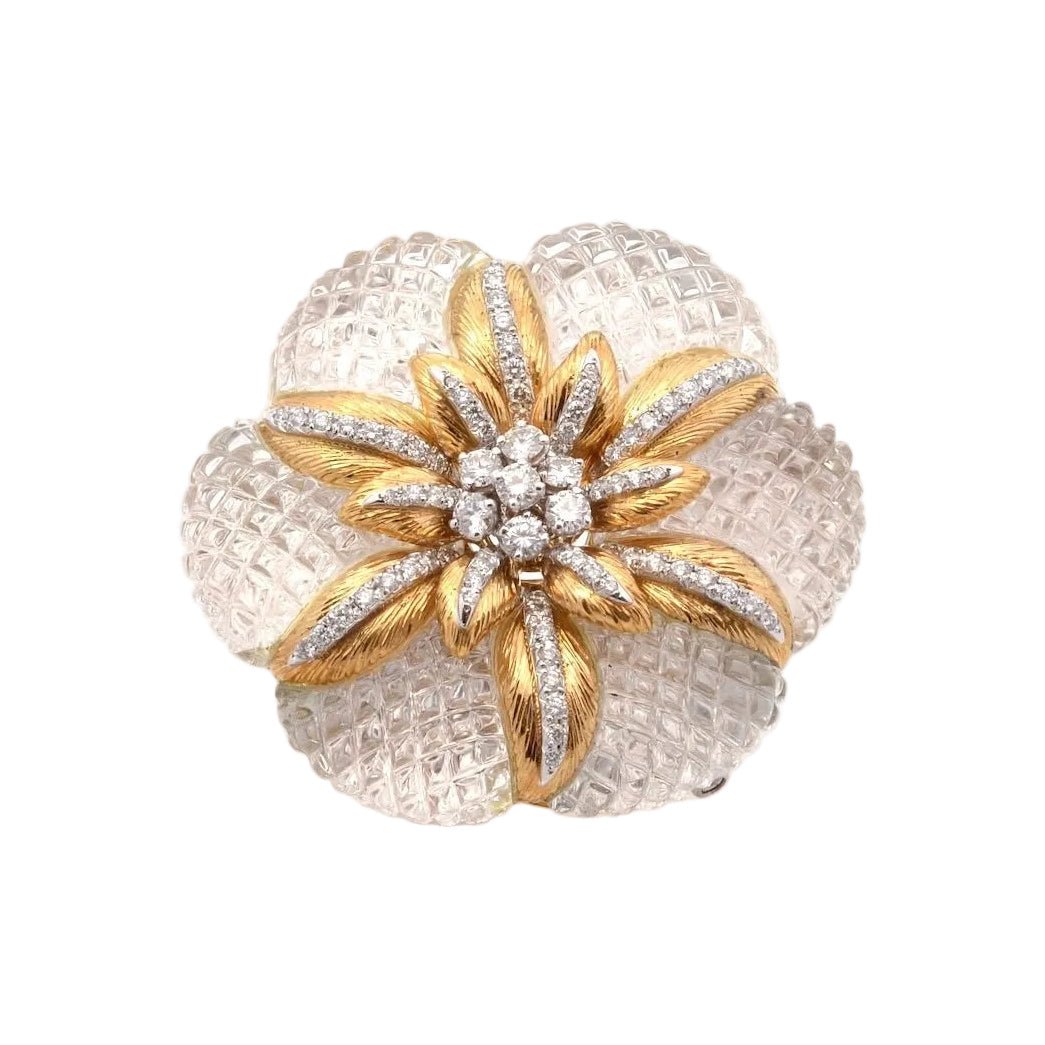 Broche Double Barrette en or jaune, cristal de roche et diamants - Castafiore