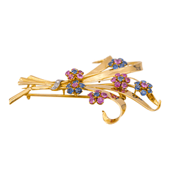 Broche en or rose, or blanc, rubis, saphirs et diamants - Castafiore