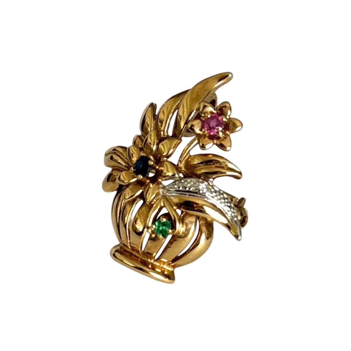 Broche Épingle en or blanc, or jaune, émeraude, saphir, rubis et diamants - Castafiore