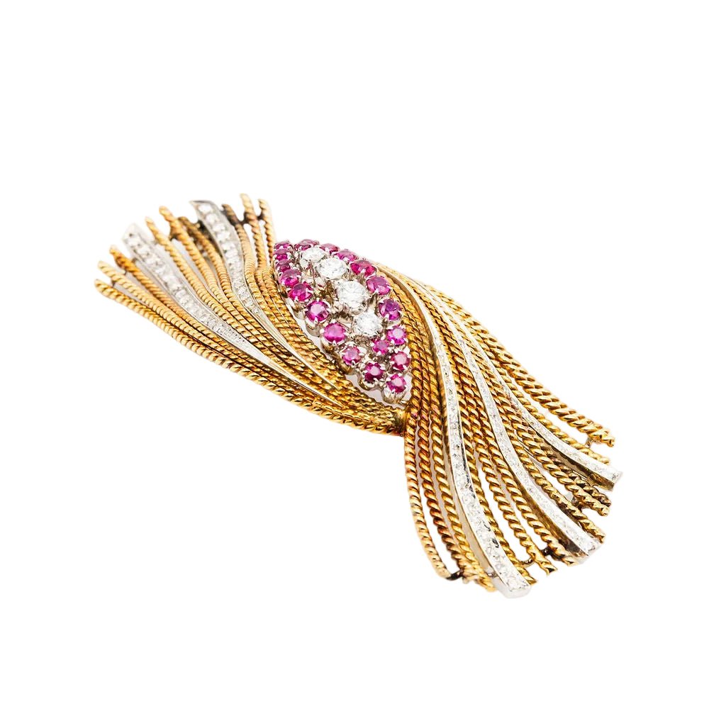 Broche Épingle en or blanc, or jaune, rubis et diamants - Castafiore