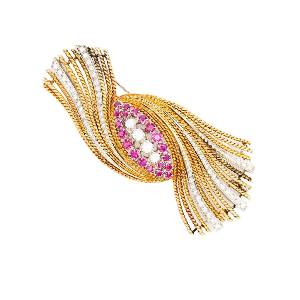 Broche Épingle en or blanc, or jaune, rubis et diamants - Castafiore