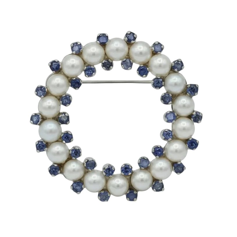 Broche Épingle en or blanc, perles et saphirs - Castafiore