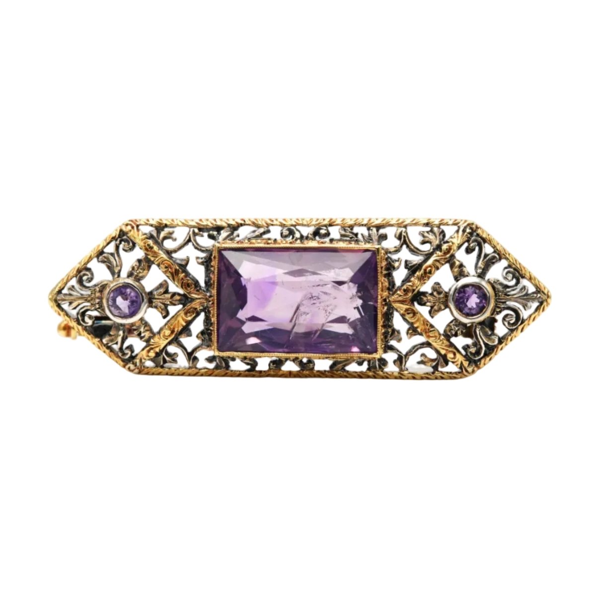 Broche Épingle en or jaune, argent et améthystes - Castafiore