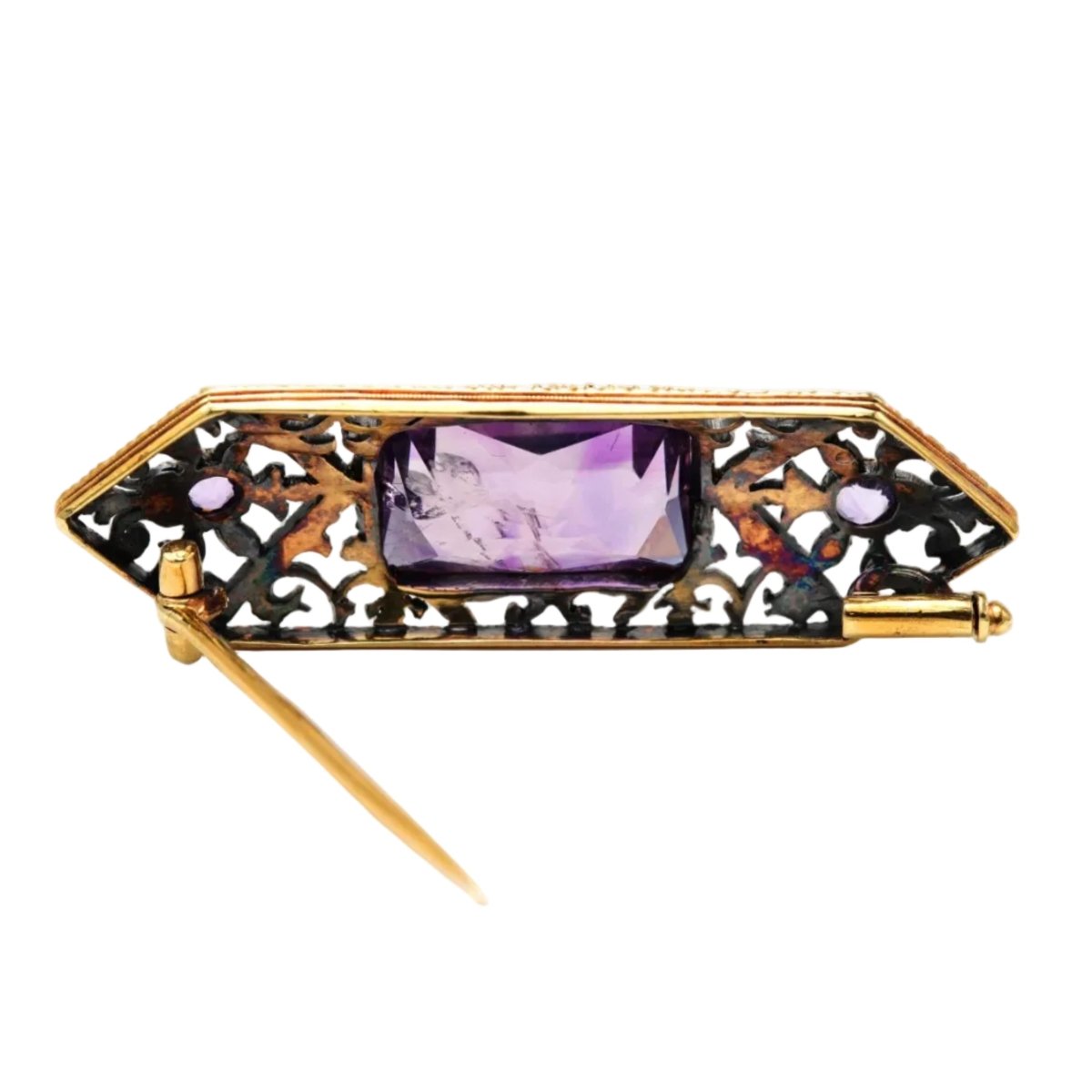 Broche Épingle en or jaune, argent et améthystes - Castafiore