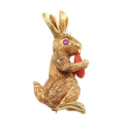Broche Épingle en or jaune, corail et rubis - Castafiore