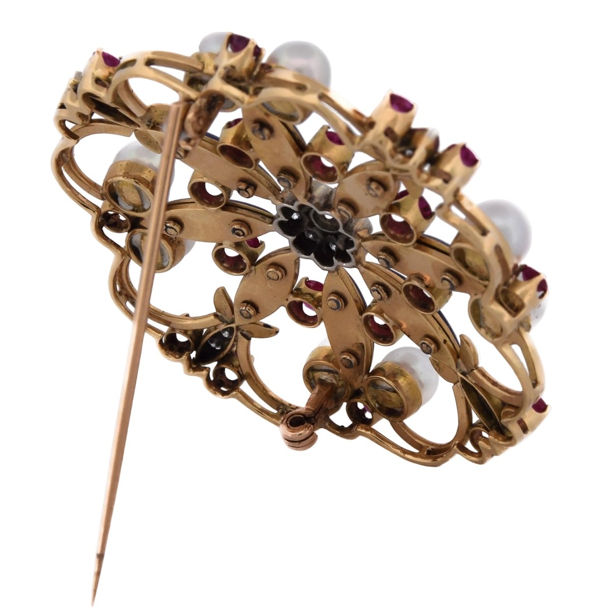 Broche Épingle en or jaune, émail, perles, rubis et diamants - Castafiore