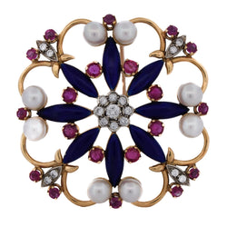 Broche Épingle en or jaune, émail, perles, rubis et diamants - Castafiore