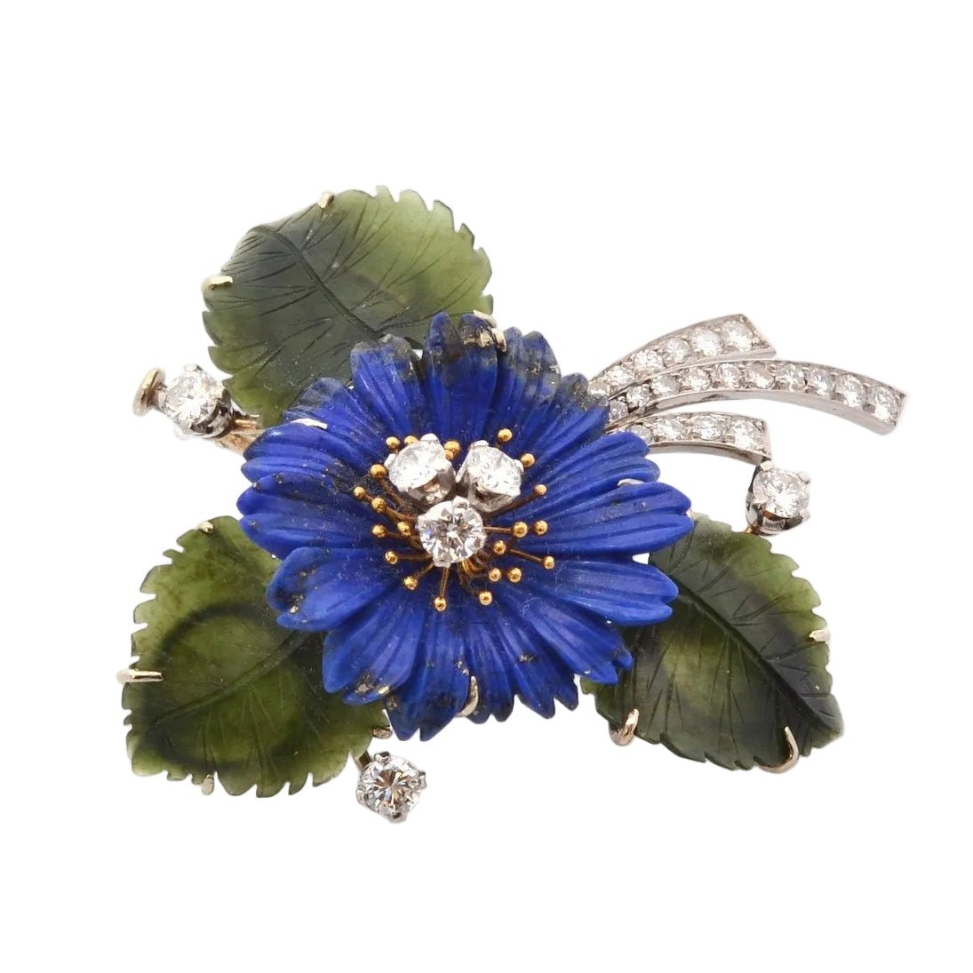 Broche Épingle en or jaune, platine, jade, lapis - lazuli et diamants - Castafiore
