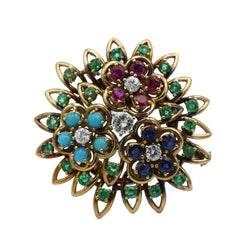 Broche Épingle en or jaune, rubis, émeraudes, saphirs et turquoises - Castafiore