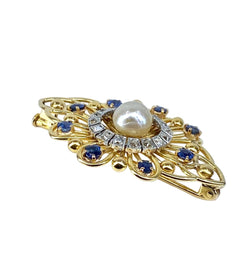 Broche Épingle en or jaune, saphirs, perle et diamants - Castafiore