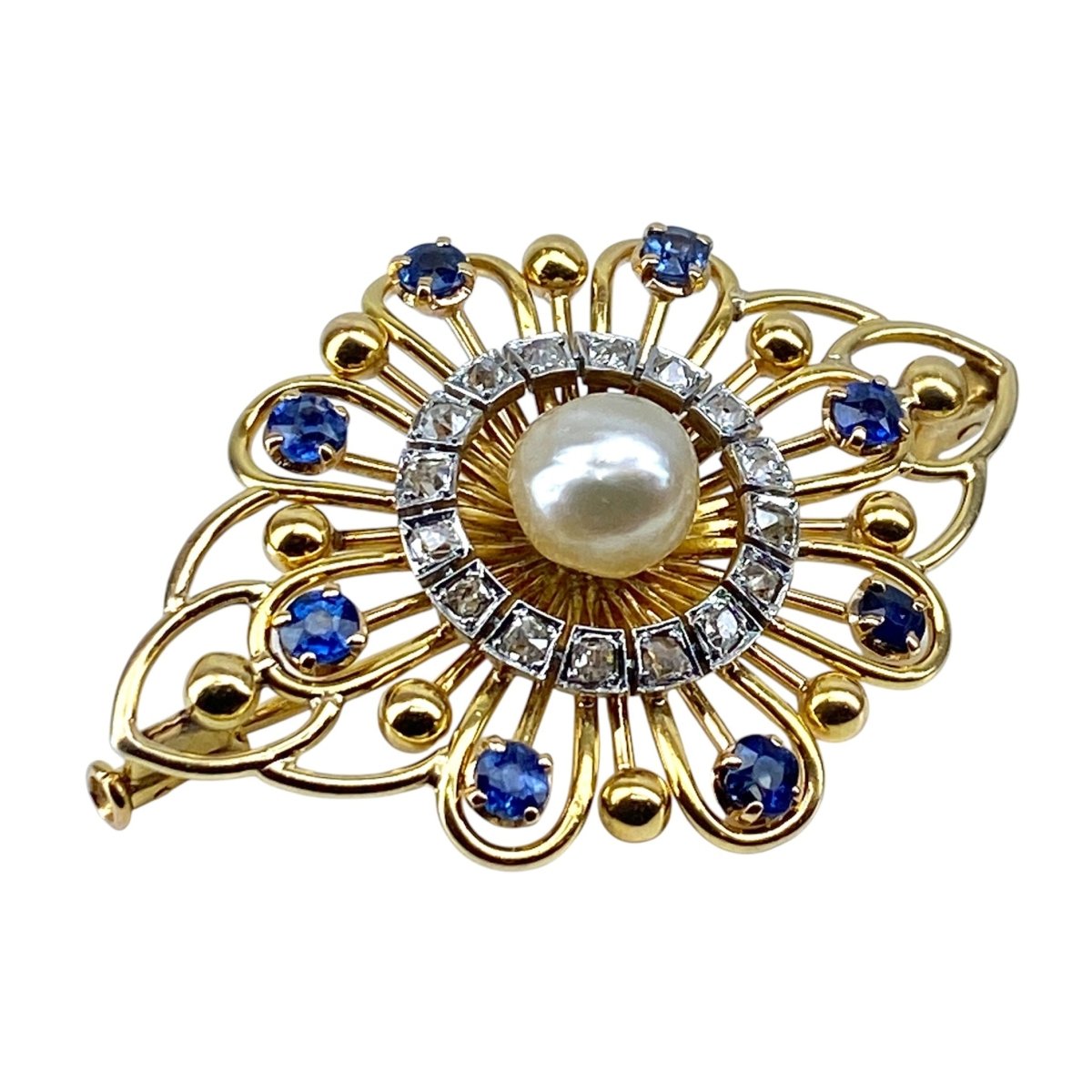 Broche Épingle en or jaune, saphirs, perle et diamants - Castafiore