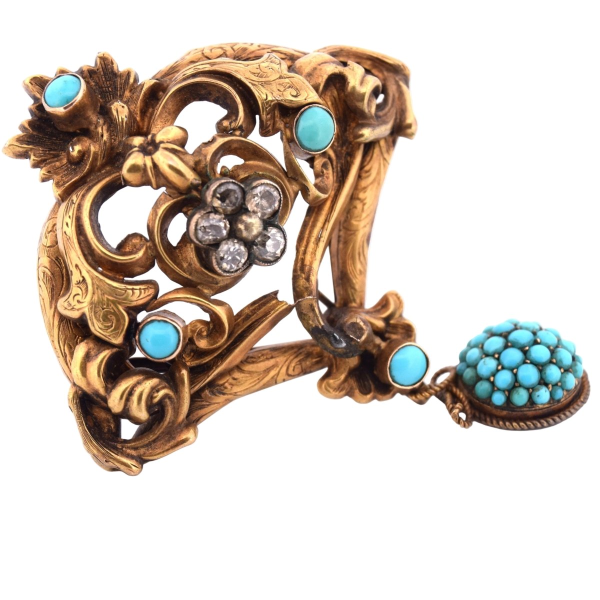 Broche Épingle en or jaune, turquoise et diamants - Castafiore