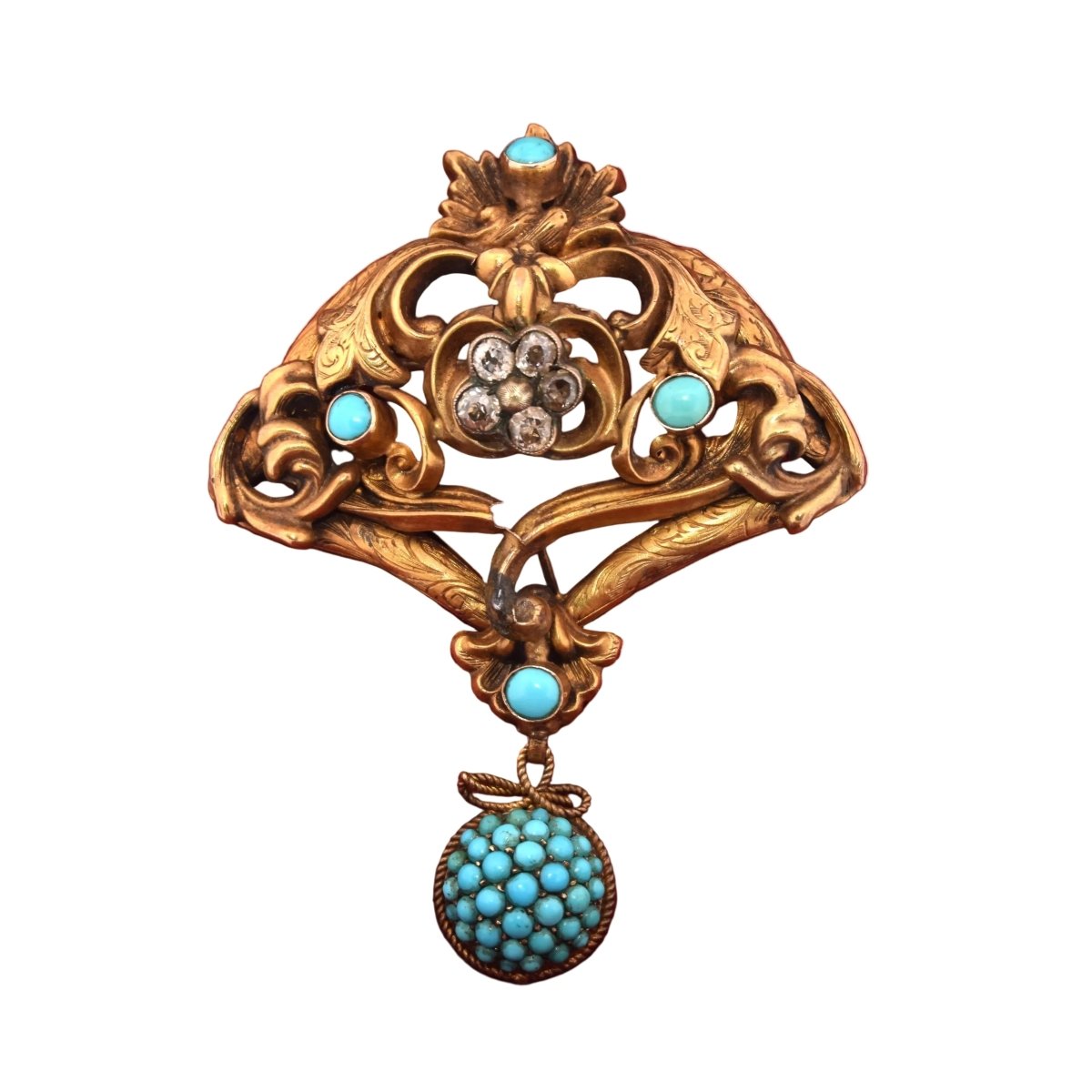 Broche Épingle en or jaune, turquoise et diamants - Castafiore