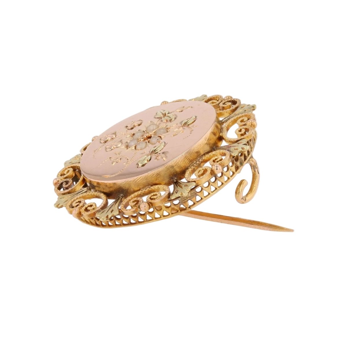 Broche Épingle en or rose, or vert et perles - Castafiore