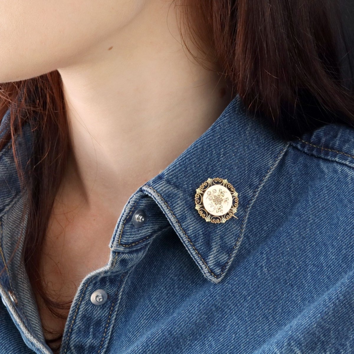 Broche Épingle en or rose, or vert et perles - Castafiore