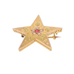 Broche Épingle en or rose, or vert, perle et grenat - Castafiore