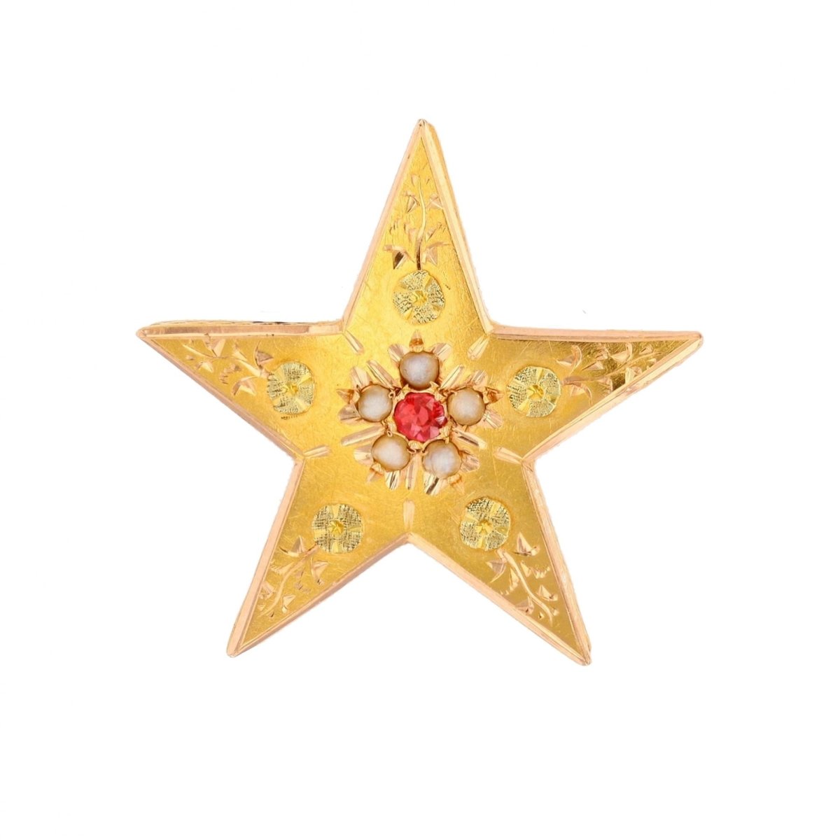 Broche Épingle en or rose, or vert, perle et grenat - Castafiore
