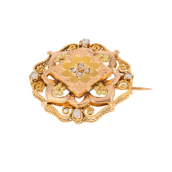 Broche Épingle en or rose, or vert, perles et diamants - Castafiore