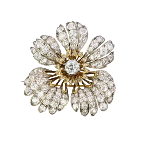 Broche fleur ancienne or argent diamants taille ancienne - Castafiore
