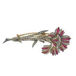 Broche Oeillet en or jaune, argent, diamants et rubis - Castafiore