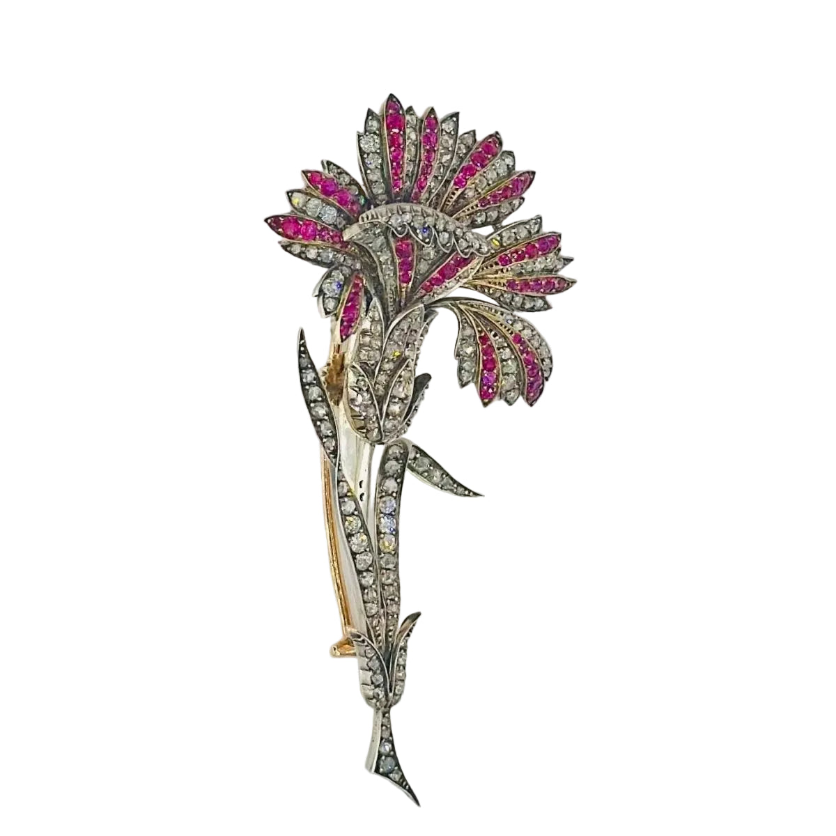 Broche Oeillet en or jaune, argent, diamants et rubis - Castafiore