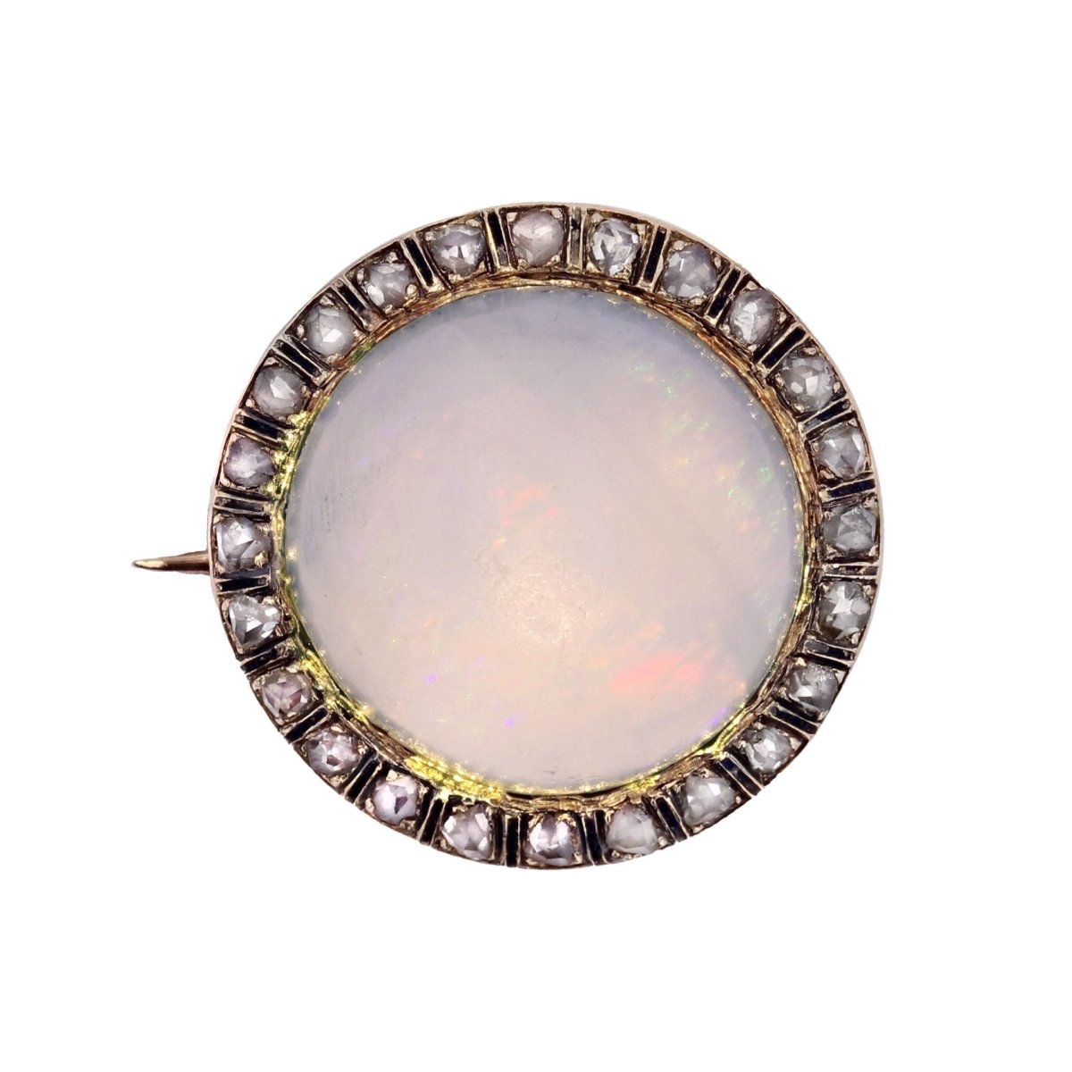 Broche opale diamants émail noir - Castafiore