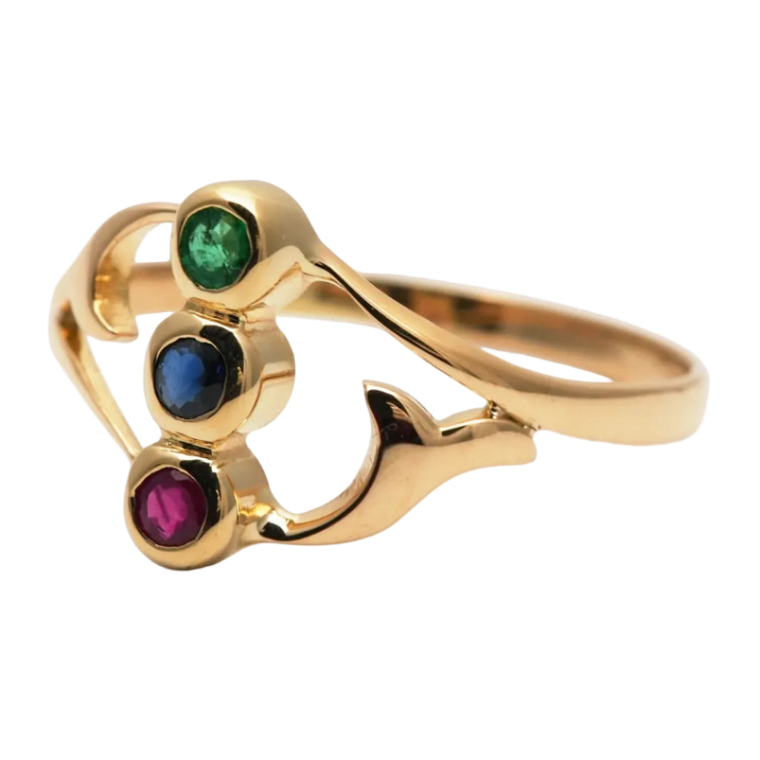 Bague Trilogie en or jaune, émeraude, saphir et rubis